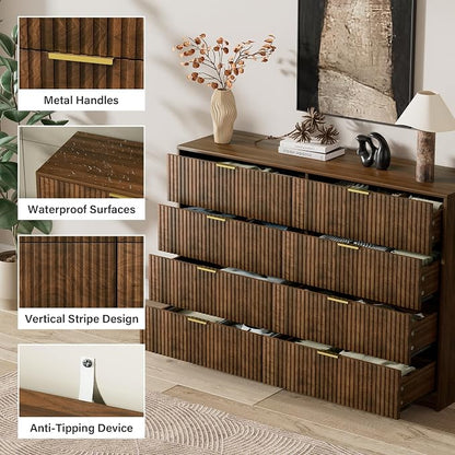 Furniway 3 Piece Bedroom Set, 8 Drawer Dresser and 3-Drawer Nightstand Set of 2 with Gold Handles, Mid-Century Modern Wood Chest of Drawers Storage Cabinet for Bedroom, Walnut