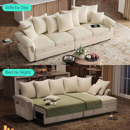 LINSY HOME Oversized Sectional Sleeper Sofa with Pull Out Couch Bed (Beige, 110.5'') | USB Charging
