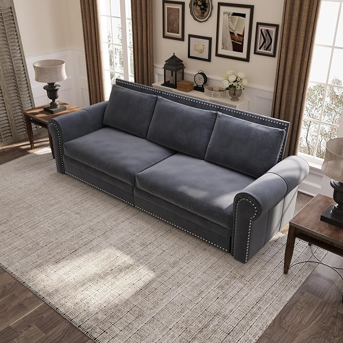 93.7" King Size Sleeper Sofa Bed, Pull Out Sofa Bed, Velvet Upholstery, 3 in 1 Convertible Sleeper Couch, Chaise Lounge, Retro Recliner for Living Room, Office, Apartment, Grey