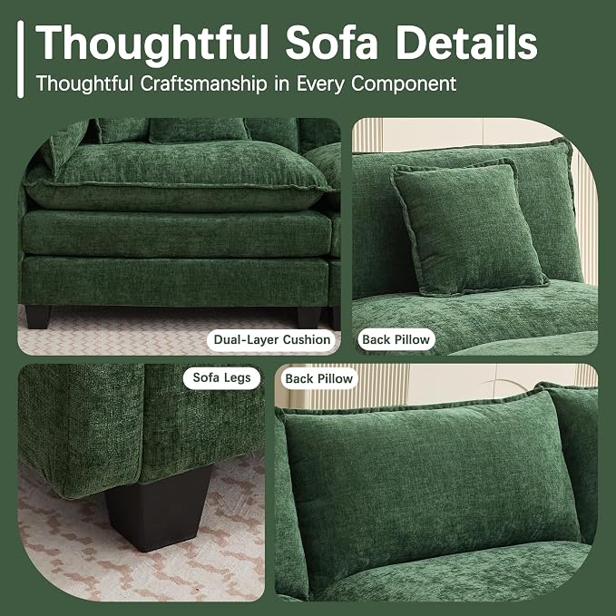 Oversized Loveseat Sofa, 70" Sectional Cloud Couch, 2 Seat Modern Comfy Sofa Chenille Deep Seat Couches with 2 Pillows, for Small Apartment, Bedroom, Living Room（Green 70" Loveseat）