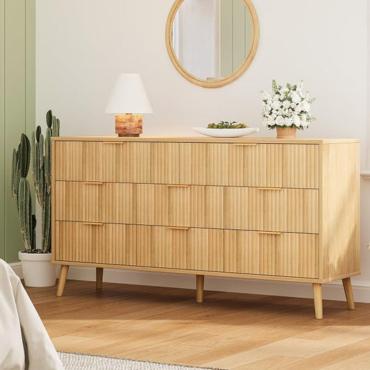 Fluted Dresser for Bedroom with 8 Drawers, Wooden Dresser with Metal Handle, Modern Storage Organizer for Bedroom, Wood Closet for Hallway, Living Room, Natural Oak BDR104Y