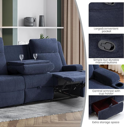 75'' Manual Reclining Sofa with Storage Drawer, 3 Seat Wall Hugger Recliner Couch with Cup Holders, Side Pockets, Chenille Fabric, Compact 3-Person Recliner for RV, Living Room, Apartment (Blue)