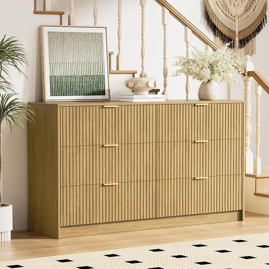 Furniway Mid Century Modern Dresser for Bedroom, 6 Drawer Wood Dresser with Fluted Front, 55.1" Wide Chest of Drawers for Living Room, Hallway, Natural Oak