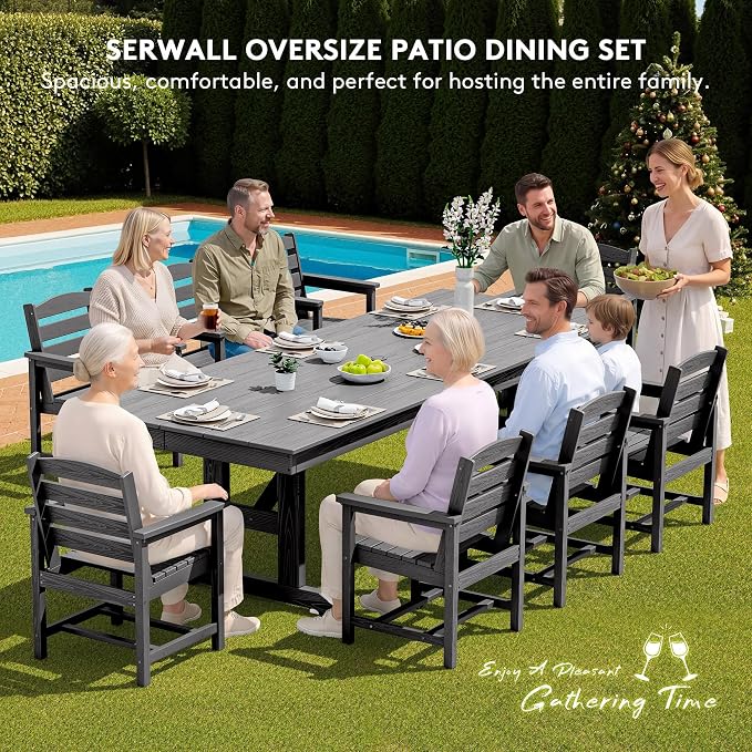 SERWALL 9 Piece 84" HDPE Outdoor Dining Set for 8 with Armchairs and Umbrella Hole, Gray