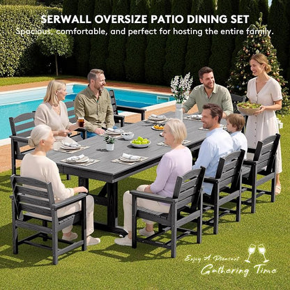 SERWALL 9 Piece 84" HDPE Outdoor Dining Set for 8 with Armchairs and Umbrella Hole, Gray