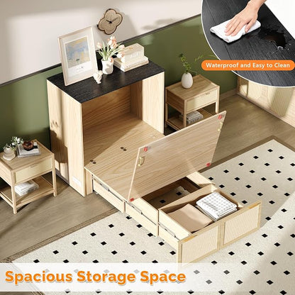 VINGLI Twin Size Rattan Murphy Bed with Storage Drawer,Charging Station, Boho,Hideaway Paltform Panel Bed for Small Spaces,Guest Room,Office,Apartment, Space-Saving Cabinet Bed,Oak White