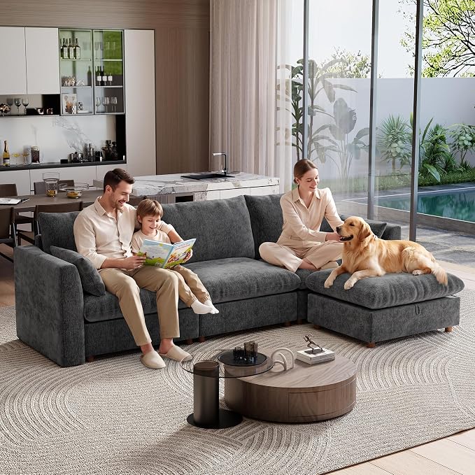 Ihanherry 117" Oversized Modular Sectional Sofa, Modern L Shaped Cloud Couch with Storage Ottoman, 4-Seat Comfy Chenille Deep Seat Sofa with 2 Pillows for Living Room, Grey