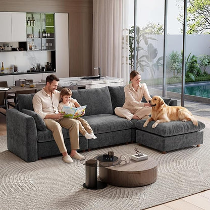Ihanherry 117" Oversized Modular Sectional Sofa, Modern L Shaped Cloud Couch with Storage Ottoman, 4-Seat Comfy Chenille Deep Seat Sofa with 2 Pillows for Living Room, Grey