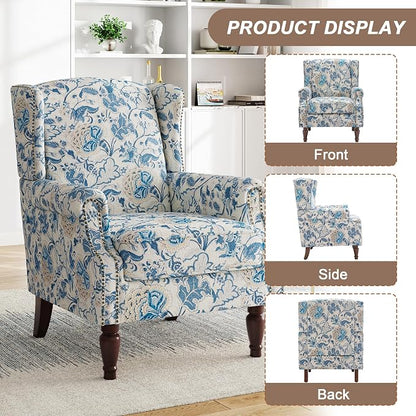 Pia Ricco High Back Floral Accent Chair - Retro Wingback Upholstered Armchair with Nailhead Trim, Solid Wood Legs, Fabric Living Room Bedroom Reading Chair (Flower Blue)