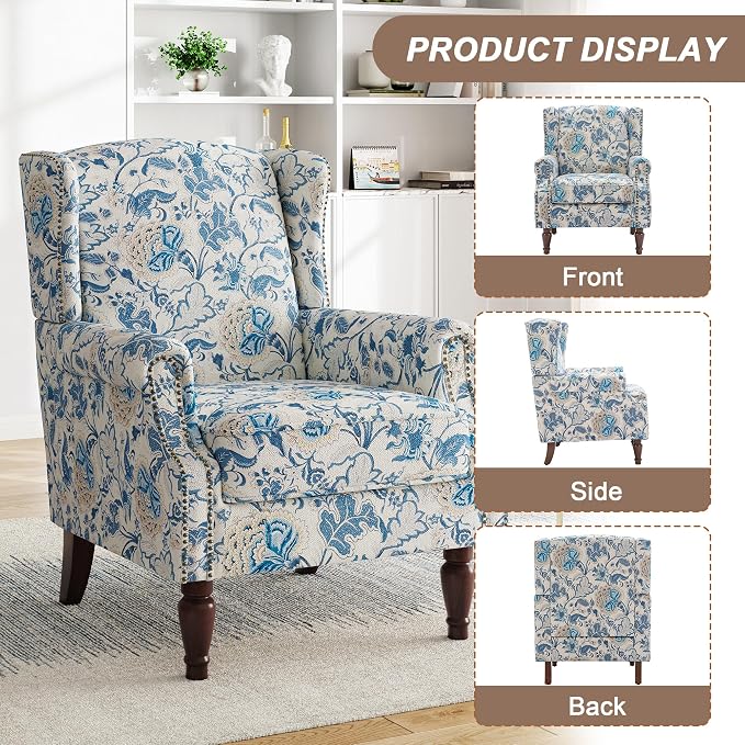 Pia Ricco Set of 2 Floral Accent Chairs, High Back Upholstered Armchairs with Retro Wingback Design, Nailhead Trim & Solid Wood Legs for Living Room Bedroom(Flower Blue)