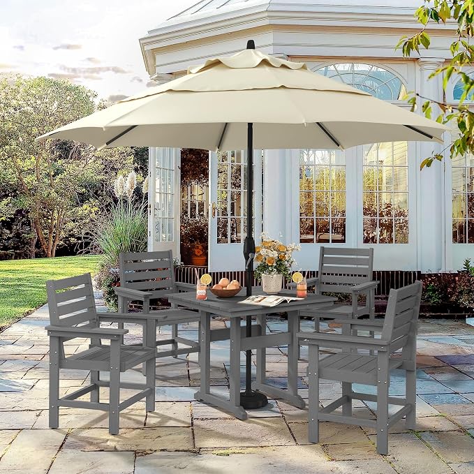 5 Piece Patio Dining Set, 35" Square HDPS Weather Resistant Outdoor Table & 4 Patio Chairs Set with 1.96" Umbrella Hole, Heavy Duty for Small Space Backyard Balcony, Grey