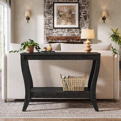 Solid Wood Console Table with Storage, 41.3-Inch Farmhouse Entryway Table with Shelf, 2-Tier Wooden Sofa Table for Living Room, Hallway, Foyer (Black)