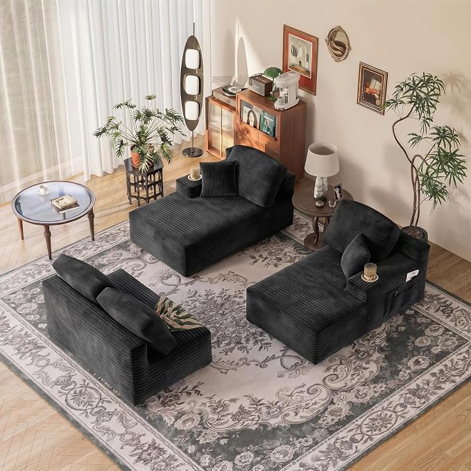 Homall 142" Boneless Couch, Modular Sectional Sofa, No Assembly Required, Memory Foam Filling, Corduroy U-Shaped Sofa, Movable Multi-Person Couch for Living Room (Black)