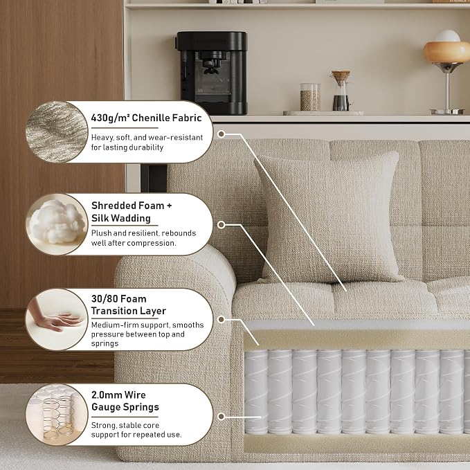 91.5" Modern Boneless Couch for Living Room, Comfy Cloud Sectional Sofa with Deep Seat, Chenille Love Seat Oversized Upholstered 3-Seater Sofa, No Assembly Required Tufted Sofas, Light Brown