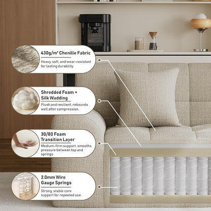 91.5" Modern Boneless Couch for Living Room, Comfy Cloud Sectional Sofa with Deep Seat, Chenille Love Seat Oversized Upholstered 3-Seater Sofa, No Assembly Required Tufted Sofas, Light Brown