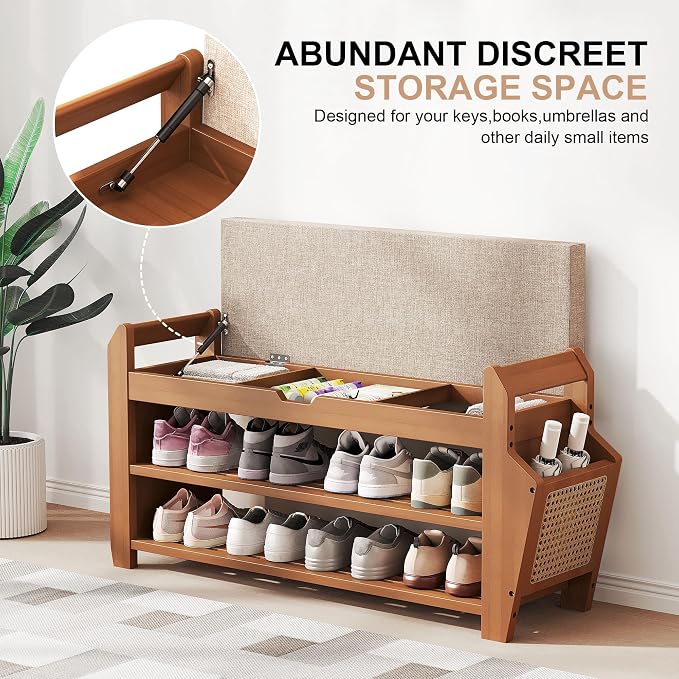 PETKABOO 31.5" Bamboo Shoe Rack Bench with Coat Rack, 3-Tier Entryway Bench with Thick Cushion, Flip-Top & Side Baskets, Holds Up to 550 LBS for Hallway, Living Room, Bedroom