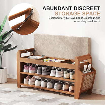 PETKABOO 31.5" Bamboo Shoe Rack Bench with Coat Rack, 3-Tier Entryway Bench with Thick Cushion, Flip-Top & Side Baskets, Holds Up to 550 LBS for Hallway, Living Room, Bedroom