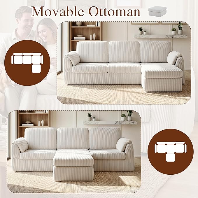 Sectional Couches for Living Room Cloud Couch with Ottoman, Upholstered Boneless Couches Modern Modular L Shaped Couch 3 Seater Sofa, No Assembly Required, Washable Covers, White
