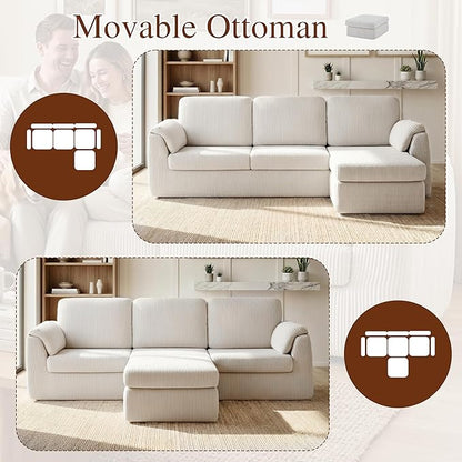 Sectional Couches for Living Room Cloud Couch with Ottoman, Upholstered Boneless Couches Modern Modular L Shaped Couch 3 Seater Sofa, No Assembly Required, Washable Covers, White
