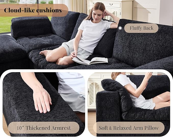 Jocisland 120" Cloud Modular Sectional Sofa, No-Assembly Oversized Chenille Couch with 76.4" Extra-Deep Chaise, Modern Black Cloud Couch for Living Room