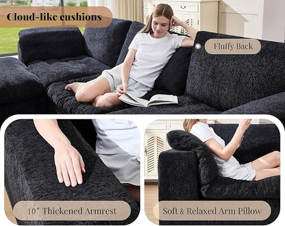 Jocisland 120" Cloud Modular Sectional Sofa, No-Assembly Oversized Chenille Couch with 76.4" Extra-Deep Chaise, Modern Black Cloud Couch for Living Room