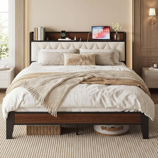 ANCTOR Queen Bed Frame with Storage Headboard & Charging Station, Metal Platform Queen Bed, Upholstered Tufted Headboard, Heavy Duty Slat Support, Noise Free, No Box Spring Needed, Walnut and Cream