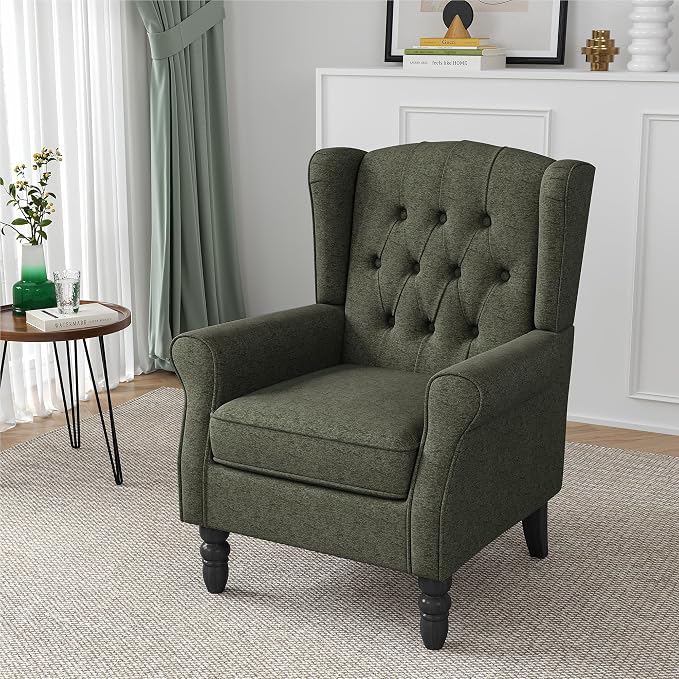 Wingback Accent Chair, High Back Arm Chair for Living Room, Button-Tufted Upholstered Fabric Armchair with Solid Wood Legs, Comfy Single Sofa Reading Chair for Bedroom, Green