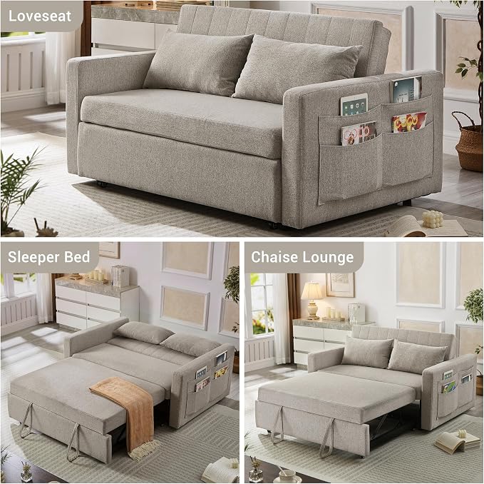55.5" Fabric Convertible Sofa Bed, Pull Out Sleeper Sofa Bed, Loveseat Couch with Side Pocket, 3 in 1 Convertible Sleeper Sofa Bed for Living Room, Apartment, Bedroom, RV, Light Grey