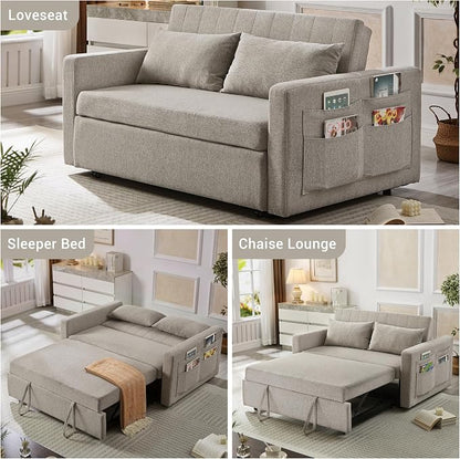 55.5" Fabric Convertible Sofa Bed, Pull Out Sleeper Sofa Bed, Loveseat Couch with Side Pocket, 3 in 1 Convertible Sleeper Sofa Bed for Living Room, Apartment, Bedroom, RV, Light Grey