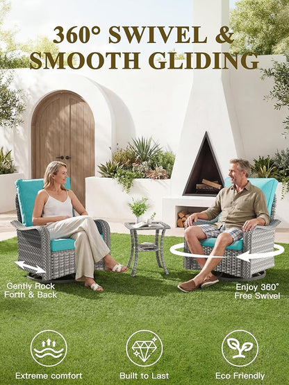 6-Piece Patio Furniture Set, Outdoor Swivel Rocking Chairs with 4" Thick Cushions & Side Table, All-Weather PE Rattan & Rust-Resistant Steel Frame Conversation Set for Porch, Backyard, Turquoise