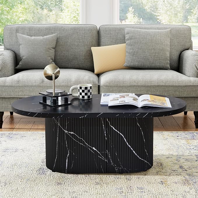Oval Coffee Table, Modern Faux Marble Wood Coffee Table, Small Fluted Center Tea Table for Living Room, Black