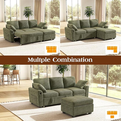 Ihanherry 81-inch Corduroy Modular Sectional Sofa Bed with Storage Ottoman & USB Port, Reversible 3-Seater L-Shaped Sleeper Sofa, Left or Right Fasing Chaise for Living Room（Green）