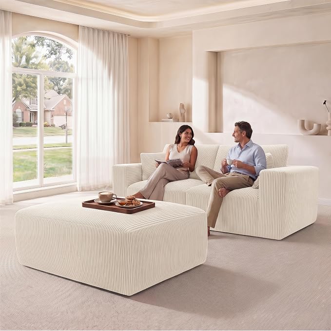 Modular Sectional Sofa with Ottoman, L-Shaped Cloud Couch, 79" Memory Foam Boneless Loveseat with Chaise, No Assembly Required Corduroy Frameless Sofa for Small Living Room Apartment Home Decor, Beige