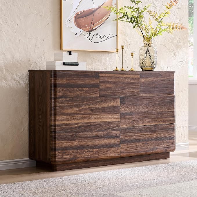 ACCOHOHO Modern 7 Drawer Dresser for Bedroom, 52" Wide Handleless Chest of Drawers, Large Push-to-Open Wood Storage, Dresser TV Stand for Bedroom, Living Room, Hallway, Curved Profile, Brown