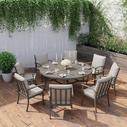 HAPPATIO Patio Dining Set, Aluminum Round Outdoor Dining Set for 8, 61" Round Dining Table with Umbrella Hole and 8 Chairs, Outdoor Table and Chairs with Removable Cushion for Lawn Yard Patio