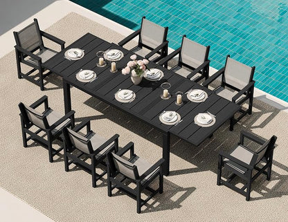 SERWALL HDPE Outdoor Dining Set for 8 with Textilene Chairs, Black | 60" - 83" Aluminum Expandable Patio Dining Table and Breathable Textilene Chairs, All Weather HDPE Patio Furniture Set