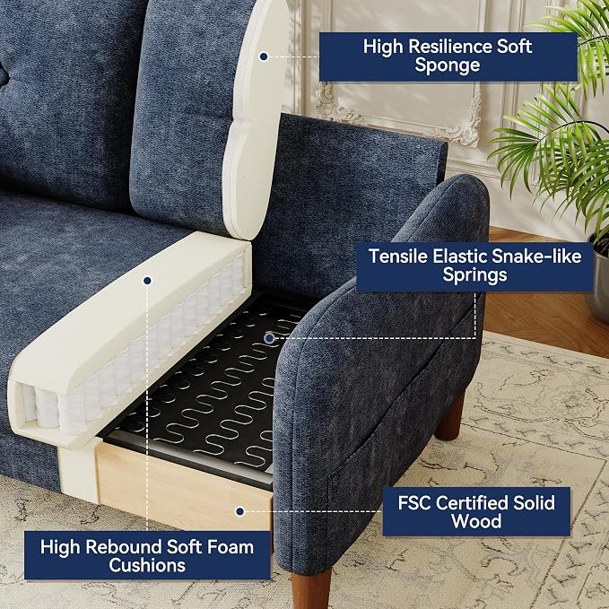 Vipbear 48" Loveseat Sofa,Modern Small Couches for Small Spaces,Blue Chenille Love Seat Couch for Living Room,Bedroom,Apartment,Office,Deep Seat,Throw Pillow,Side Pockets,Curved Armrest