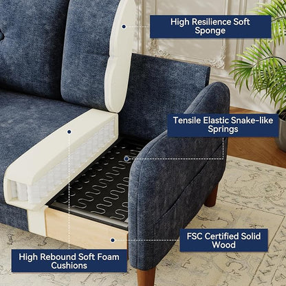 Vipbear 48" Loveseat Sofa,Modern Small Couches for Small Spaces,Blue Chenille Love Seat Couch for Living Room,Bedroom,Apartment,Office,Deep Seat,Throw Pillow,Side Pockets,Curved Armrest