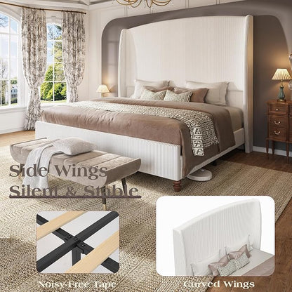 65.7" Tall Headboard King Size Upholstered Bed Frame with Wingback, Soft Washable Corduroy Beds Cover, Solid Wood Legs, Noise-Free, No Box Spring Needed, Cream