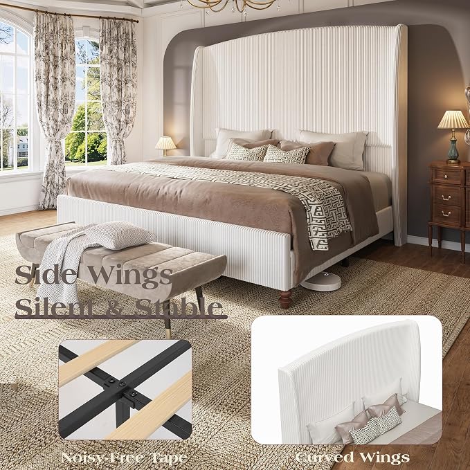 65.7" Tall Headboard California King Size Upholstered Bed Frame with Wingback, Soft Washable Corduroy Beds Cover, Solid Wood Legs, Noise-Free, No Box Spring Needed, Cream