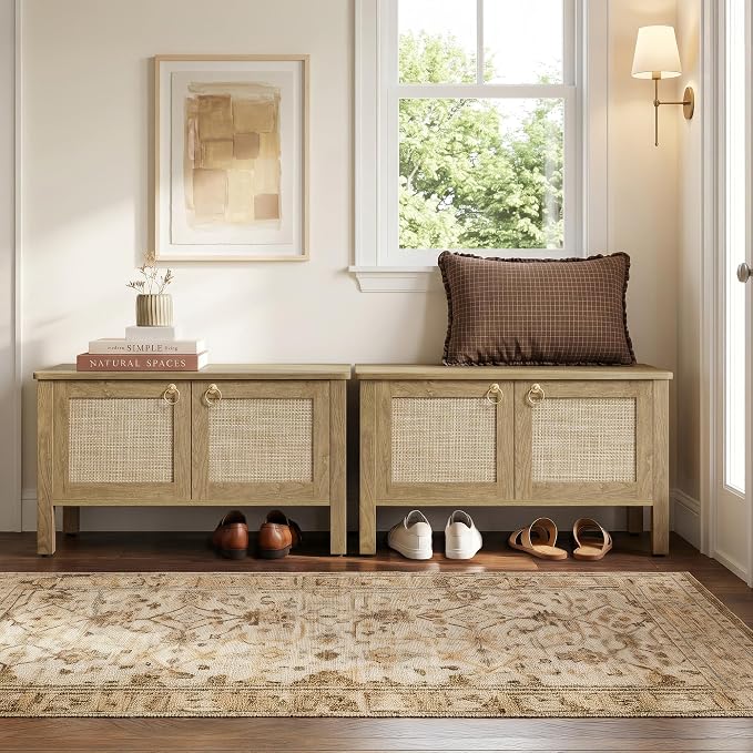 SICOTAS Rattan Storage Bench Boho Storage Chest with 2 Safety Hinges | Wood Storage Truck Box for Bedroom, Living Room, Entryway, Supports 220 lb