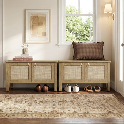 SICOTAS Rattan Storage Bench Boho Storage Chest with 2 Safety Hinges | Wood Storage Truck Box for Bedroom, Living Room, Entryway, Supports 220 lb