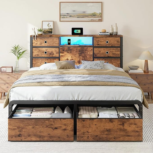 Homkdom Queen Size Bed Frame with 8 Fabric Drawers Storage, LED Lights & Charging Station, and Headboard Storage,Offering Noise-Free Support and Easy Assembly for Bedroom,Modern Brown