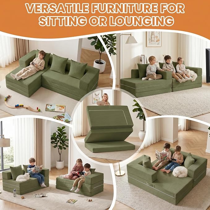 65" Modular Sectional Sofa, Boneless Convertible Sleeper Sofa Bed, Modern Tri-Folding Cloud Couch with L-Shape Chaise, Corduroy Futon Couches for Small Spaces Apartment,No Assembly,Green