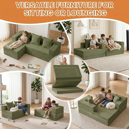65" Modular Sectional Sofa, Boneless Convertible Sleeper Sofa Bed, Modern Tri-Folding Cloud Couch with L-Shape Chaise, Corduroy Futon Couches for Small Spaces Apartment,No Assembly,Green