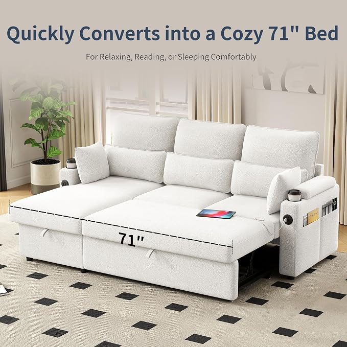 81" L-Shaped Sectional Sofa Couch, Pull-Out Sleeper Sofa Bed with Storage Chaise, Double Cup Holders, Dual USB Charging Ports, Couches for Living Room Apartment