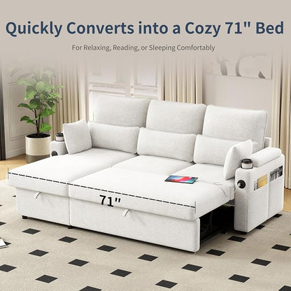 81" L-Shaped Sectional Sofa Couch, Pull-Out Sleeper Sofa Bed with Storage Chaise, Double Cup Holders, Dual USB Charging Ports, Couches for Living Room Apartment