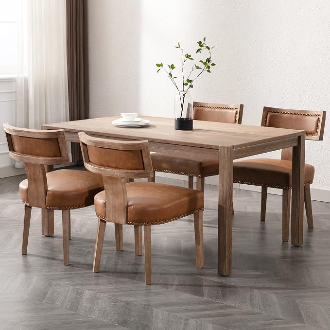 RIVOVA Mid Century Modern Dining Chairs Set of 6, Farmhouse Dining Chairs with Nailhead Trim, Faux Leather Upholstered Dining Room Chairs Kitchen Chairs with Wood Legs, Brown