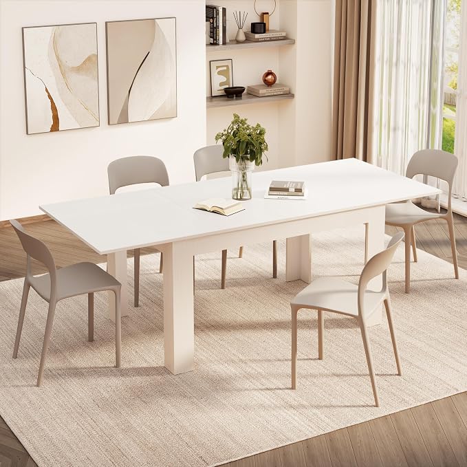 Mobili Fiver Easy Extendable Dining Table, 55.1 to 86.6 Inches, Seats 6-8, Ashwood White, Made in Italy