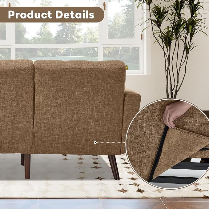 Tbfit L Shaped Couch Sofa, 80" W Mid-Century Modern Sectional Couches, 3 Seater Sofas with Wide Chaise Lounge, Button Tufted Upholstered Sectional Sofa for Living Room, Bedroom, Brown